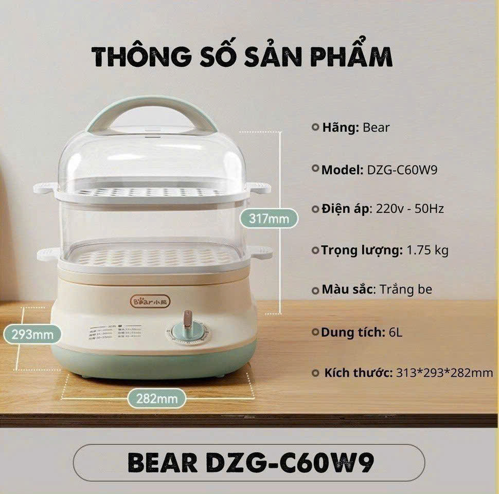 Nồi hấp điện 2 tầng  đa năng bear DZG-C60W9 dung tích 6L BẾP NHÀ BEAR