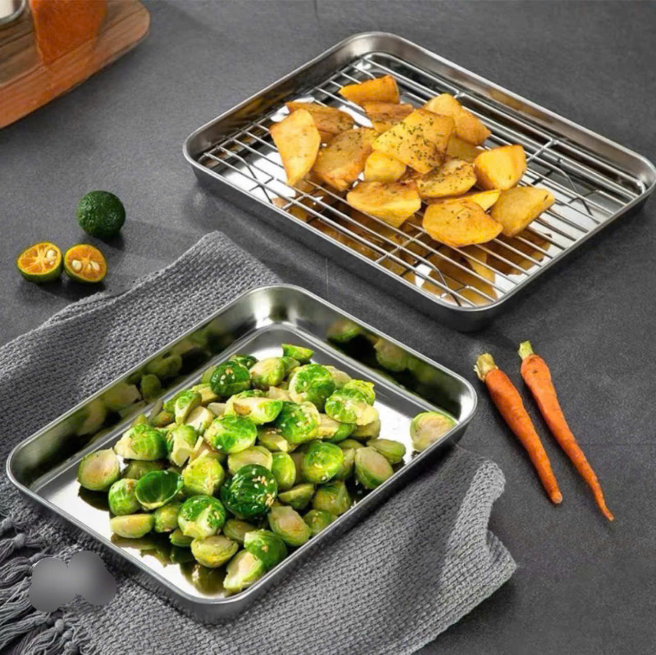 KHAY INOX CHỮ NHẬT KÈM VỈ LƯỚI – CỨU TINH CHỊ EM ĐAM MÊ CHIÊN RÁN!