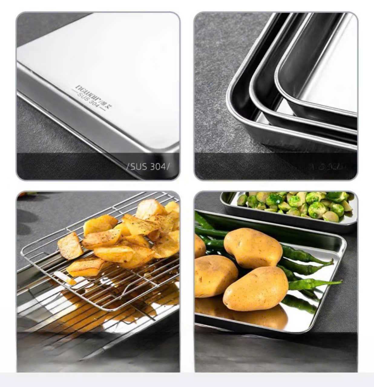 KHAY INOX CHỮ NHẬT KÈM VỈ LƯỚI – CỨU TINH CHỊ EM ĐAM MÊ CHIÊN RÁN!