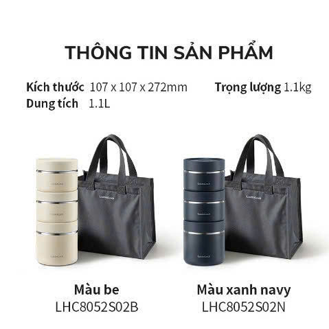 LHC8052S02-Bộ hộp cơm giữ nhiệt Lock&Lock Pump Vacuum Lunch Box (300ml*2, 500ml*1, bộ đũa và thìa, túi)
