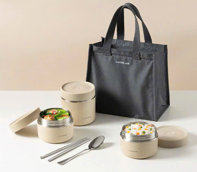 LHC8052S02-Bộ hộp cơm giữ nhiệt Lock&Lock Pump Vacuum Lunch Box (300ml*2, 500ml*1, bộ đũa và thìa, túi)