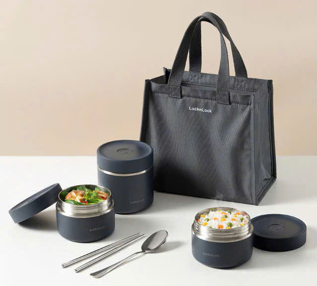LHC8052S02-Bộ hộp cơm giữ nhiệt Lock&Lock Pump Vacuum Lunch Box (300ml*2, 500ml*1, bộ đũa và thìa, túi)