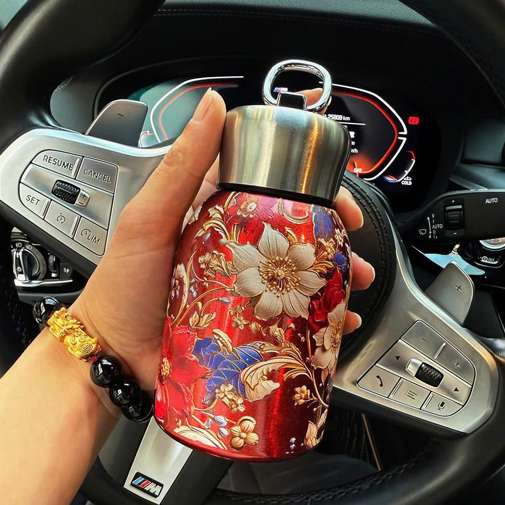 Bình giữ nhiệt Vintage có quai xách xinh xắn - Hoa đỏ