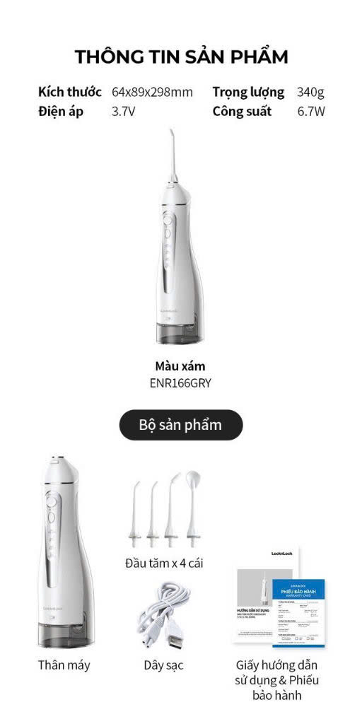 ENR166GRY- Máy tăm nước LocknLock Cầm Tay Vệ Sinh Răng Miệng Kèm Đầu Tăm 4 Chế Độ