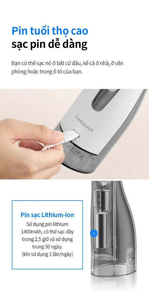 ENR166GRY- Máy tăm nước LocknLock Cầm Tay Vệ Sinh Răng Miệng Kèm Đầu Tăm 4 Chế Độ