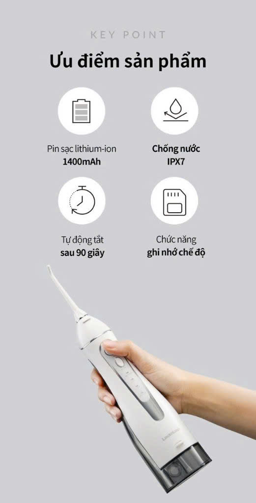 ENR166GRY- Máy tăm nước LocknLock Cầm Tay Vệ Sinh Răng Miệng Kèm Đầu Tăm 4 Chế Độ