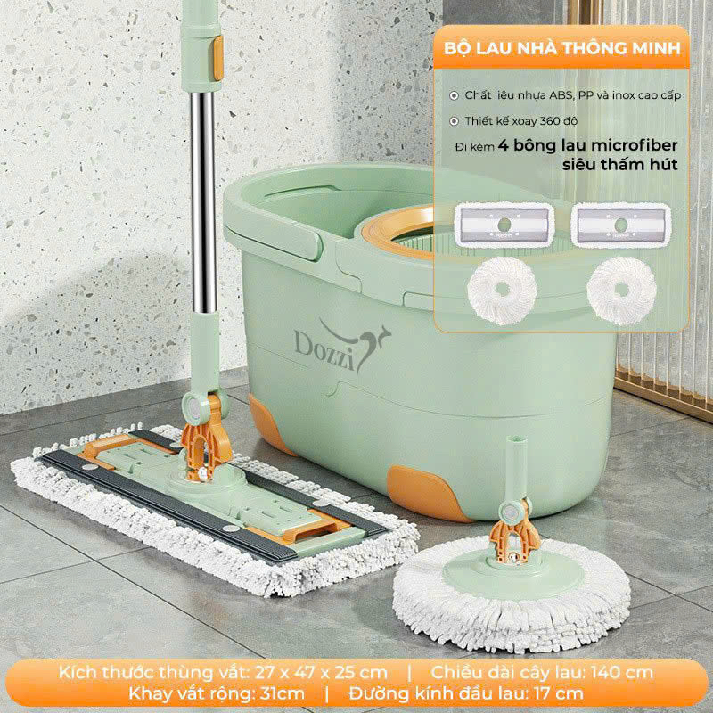 DZA336 - Bộ cây lau nhà thông minh 360 độ Dozzi KÈM 4 BÔNG LAU
