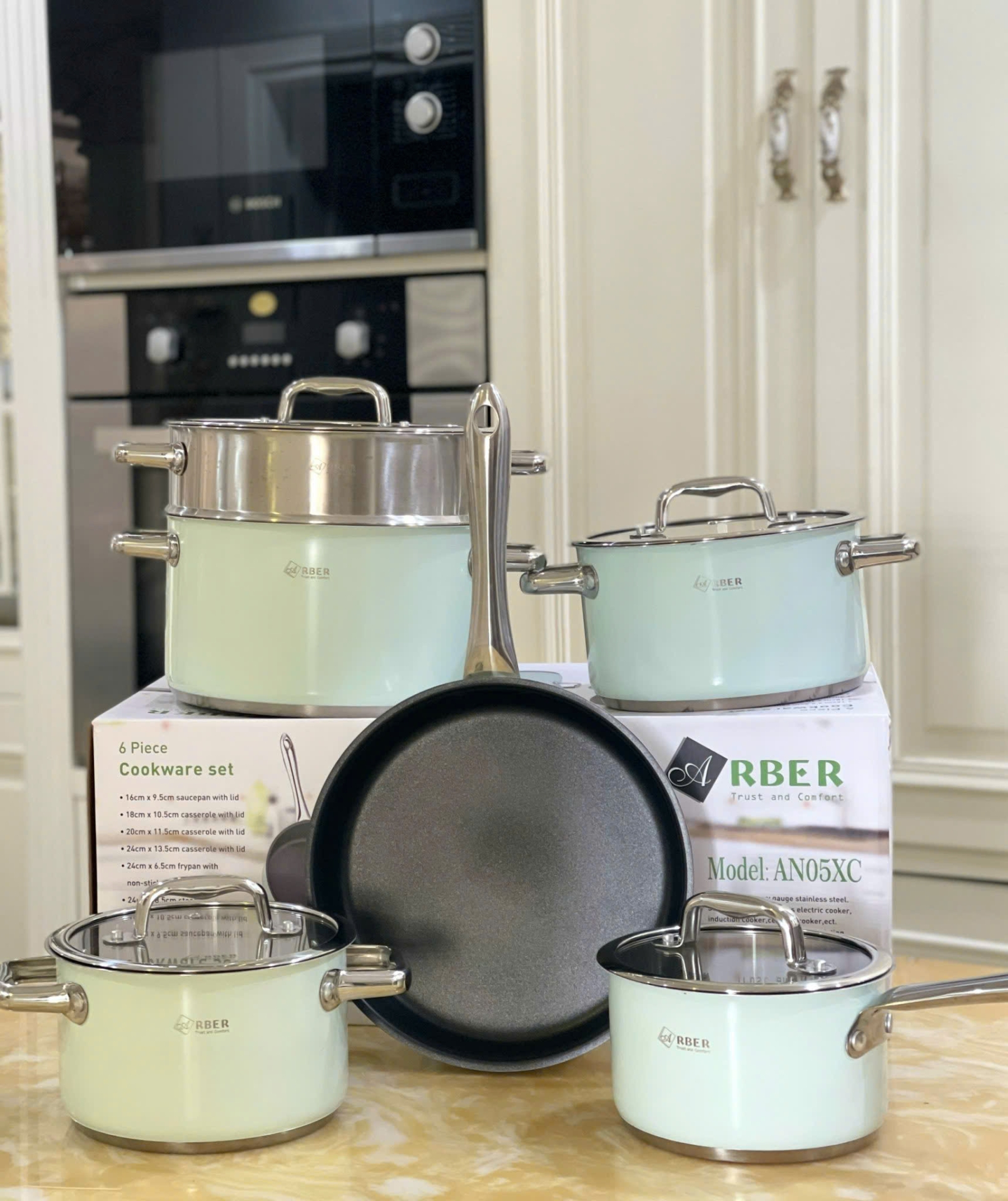 BỘ NỒI 5 MÓN ARBER AN05XC ĐẦY ĐỦ NỒI CHẢO TỪ TO TỚI NHỎ