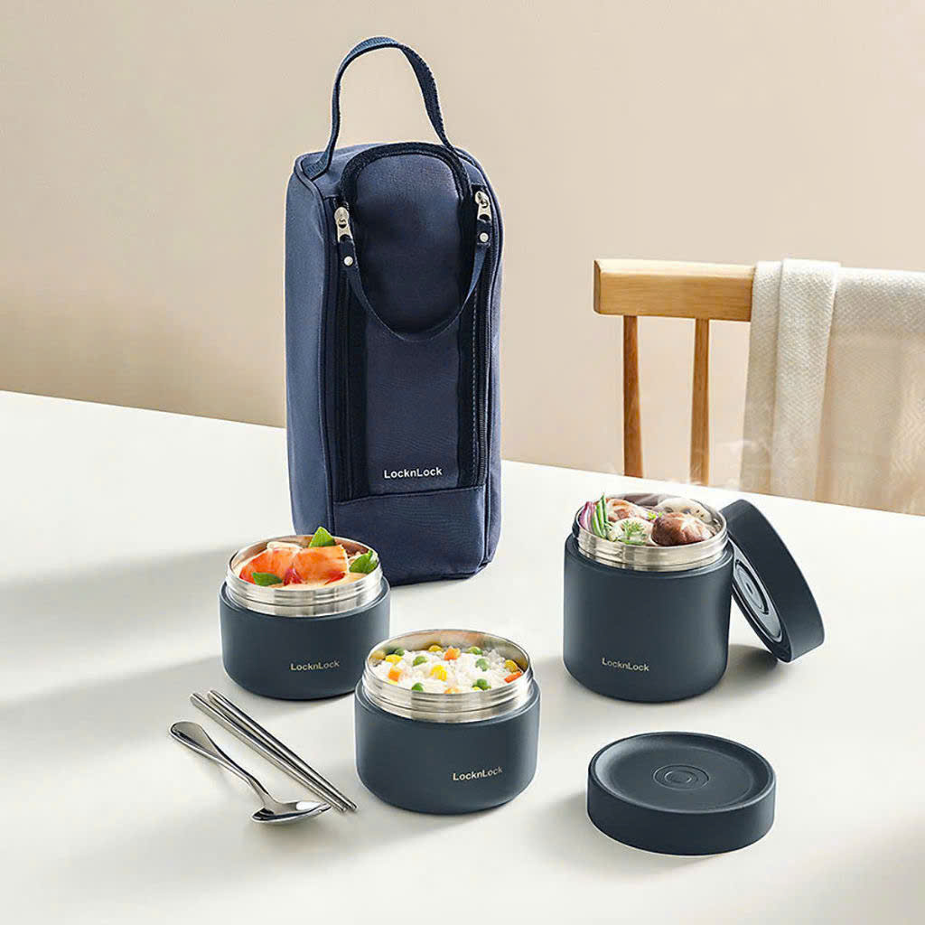 LHC8052S01-Bộ hộp cơm giữ nhiệt Lock&Lock Pump Vacuum Lunch Box (300ml*2, 500ml*1, bộ đũa và thìa, túi)