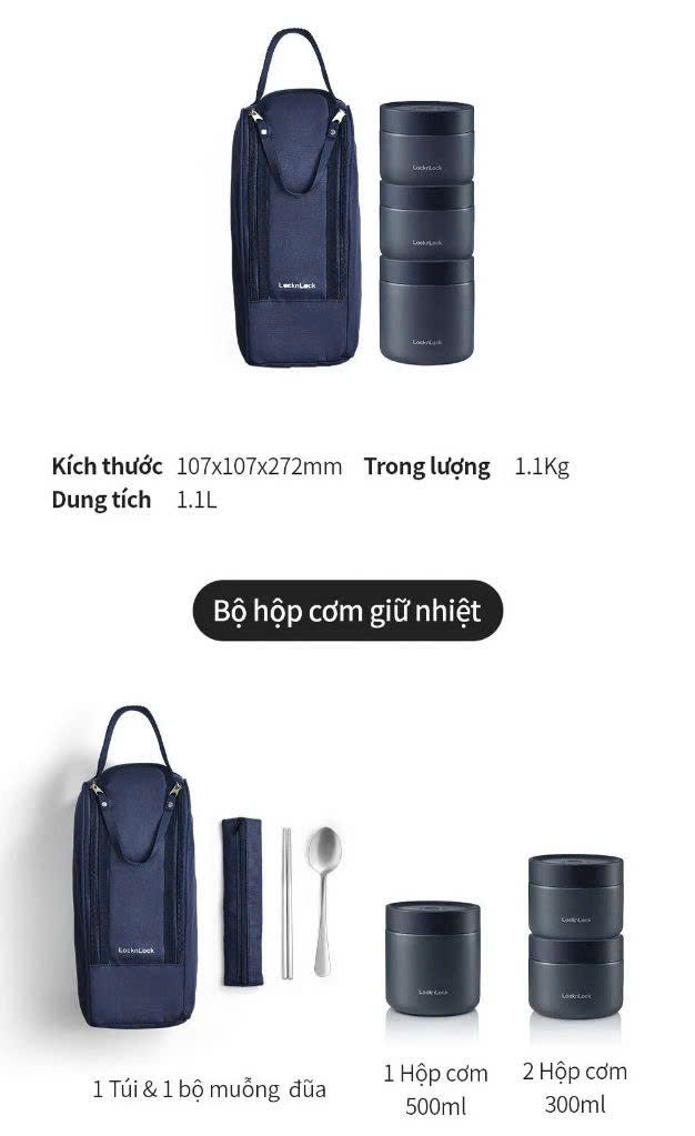 LHC8052S01-Bộ hộp cơm giữ nhiệt Lock&Lock Pump Vacuum Lunch Box (300ml*2, 500ml*1, bộ đũa và thìa, túi)