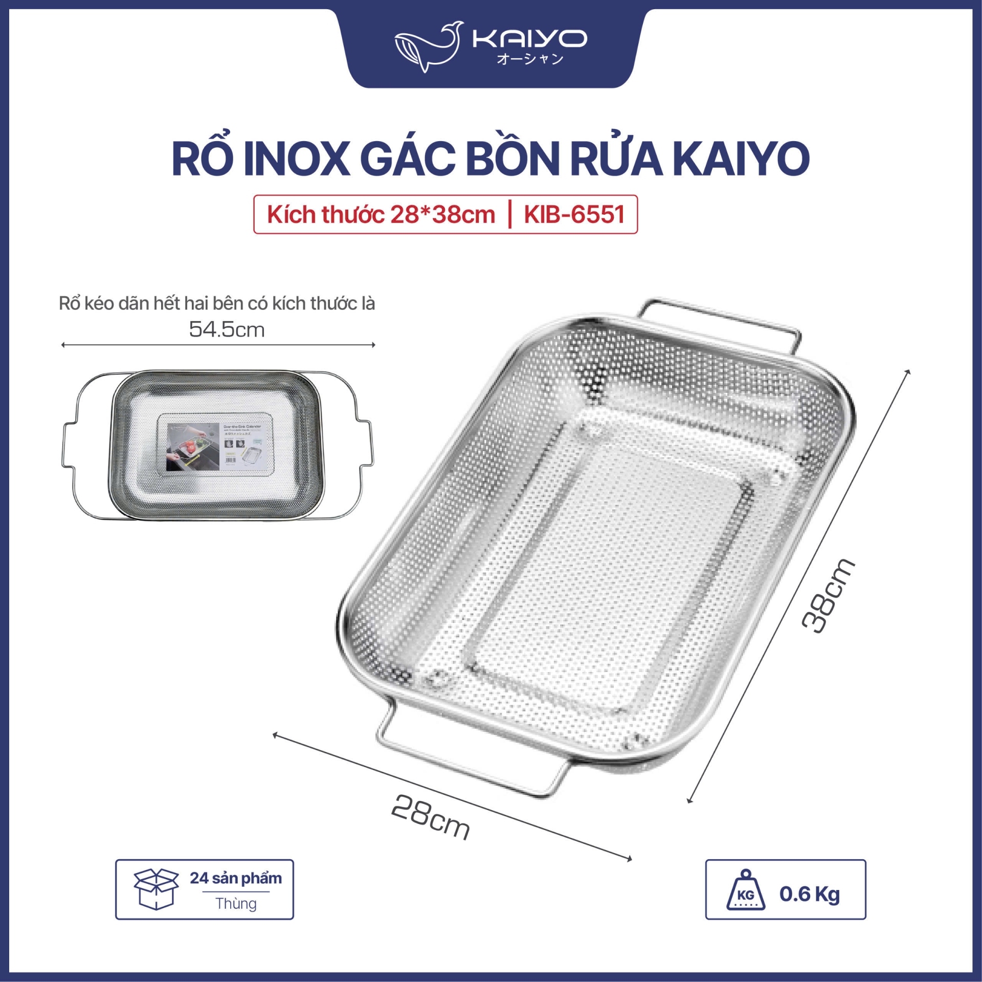 Rổ inox gác bồn rửa điều chỉnh độ dài Kaiyo