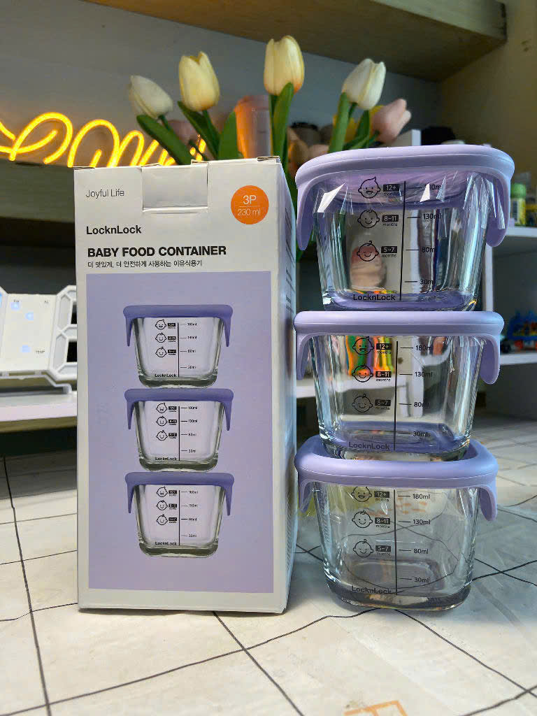 Set 3 Hộp Thủy Tinh LocknLock Chén Đựng Đồ Ăn Dặm Cho Bé Nắp Silicone Tím 230ML LLG058S3PUP