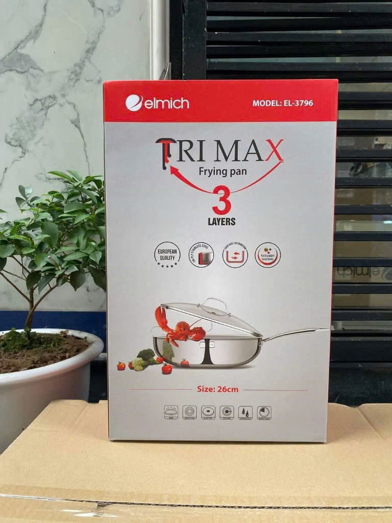 Chảo xào inox cao cấp 3 lớp đáy liền kèm vung kính, Elmich Trimax EL-3796 size 26cm