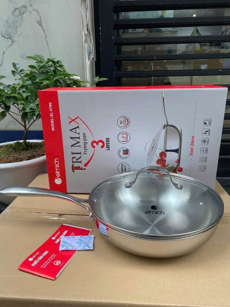 Chảo xào inox cao cấp 3 lớp đáy liền kèm vung kính, Elmich Trimax EL-3796 size 26cm