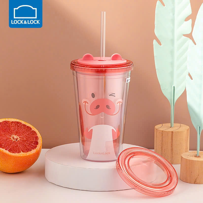 Ly nhựa 2 lớp Animal Lock&Lock Double Wall Cold Cup 520ml  - HAP51PIK Hình heo hồng