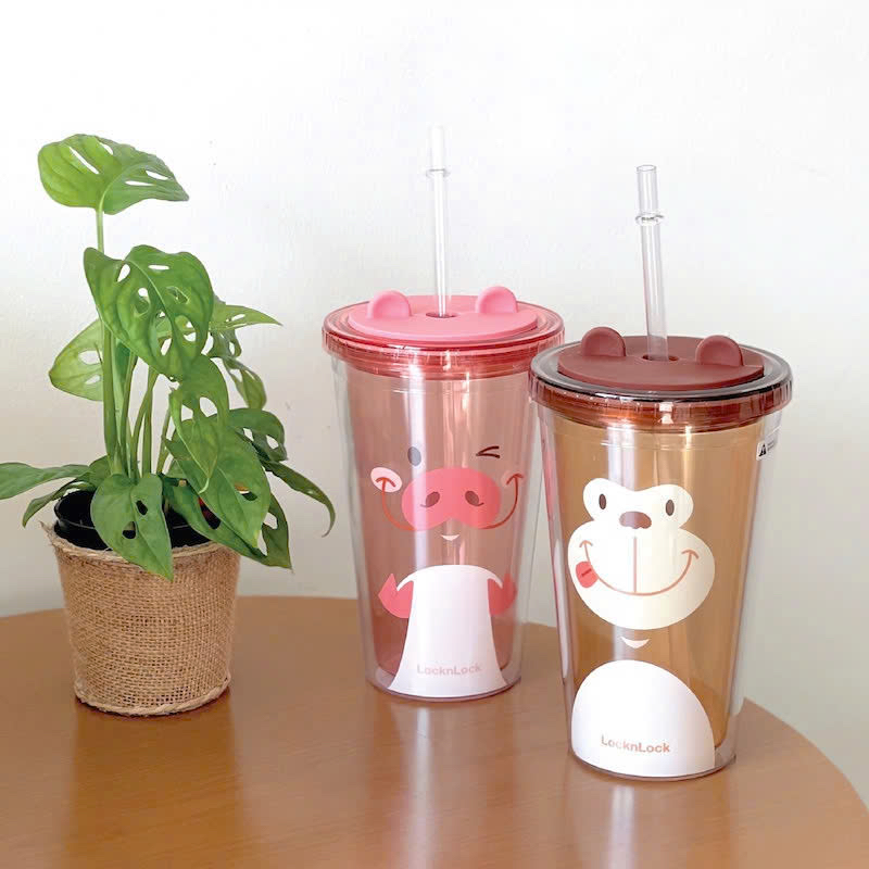 Ly nhựa 2 lớp Animal Lock&Lock Double Wall Cold Cup 520ml  - HAP51PIK Hình heo hồng