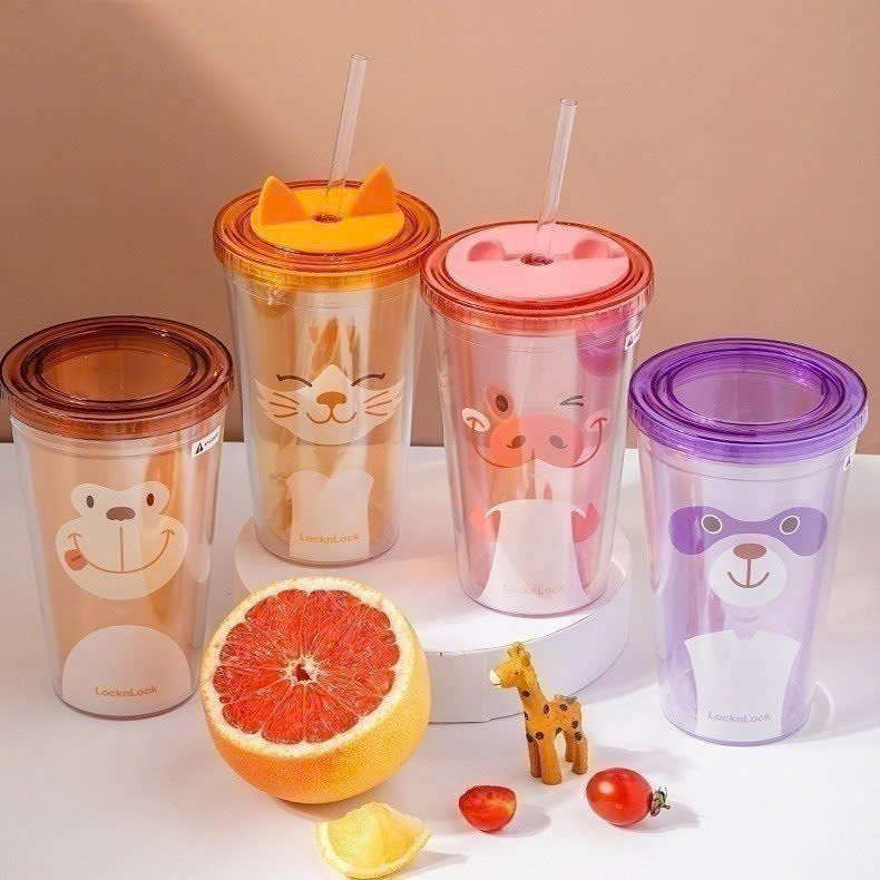 Ly nhựa 2 lớp Animal Lock&Lock Double Wall Cold Cup 520ml - HAP512 Mèo