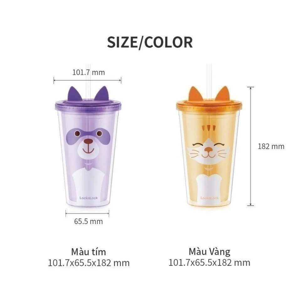 Ly nhựa 2 lớp Animal Lock&Lock Double Wall Cold Cup 520ml - HAP512 Mèo