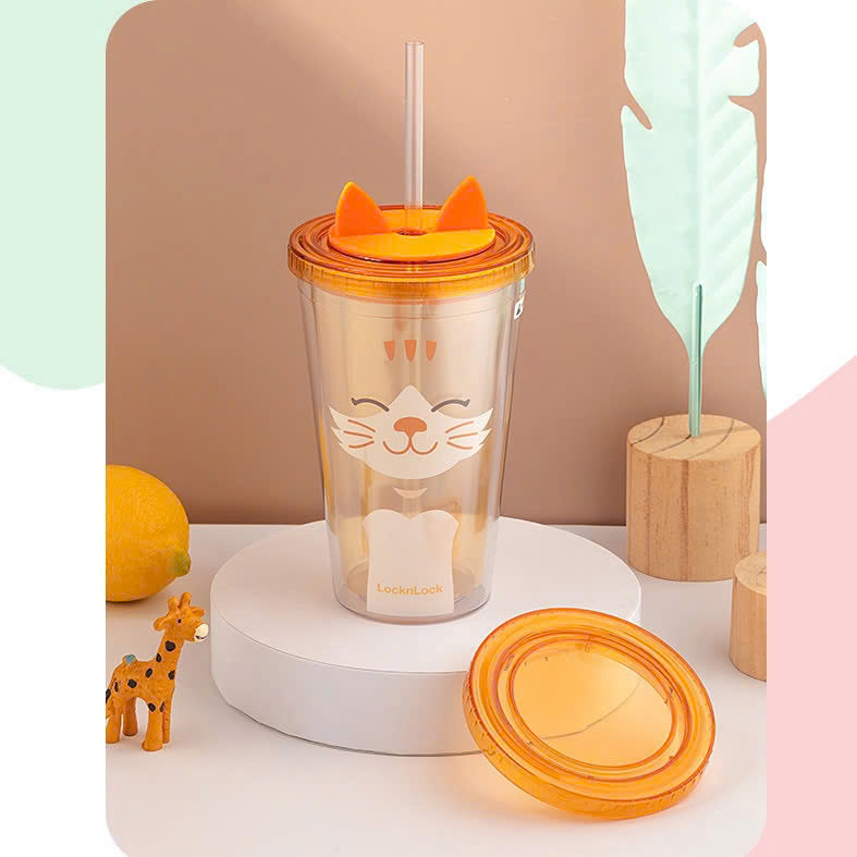 Ly nhựa 2 lớp Animal Lock&Lock Double Wall Cold Cup 520ml - HAP512 Mèo