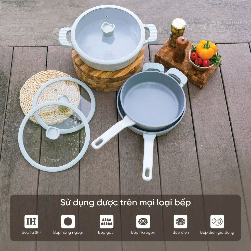 Bộ nồi, chảo, quánh nhôm đúc full induction Oceanwave Kaiyo - chảo kèm vung 24,26cm