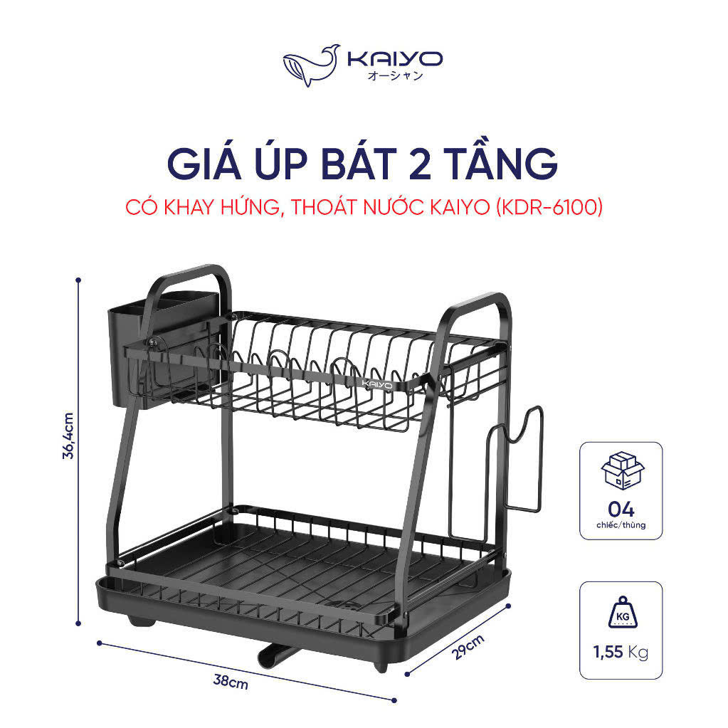 Giá úp bát 2 tầng có khay hứng thoát nước mọi hướng Kaiyo