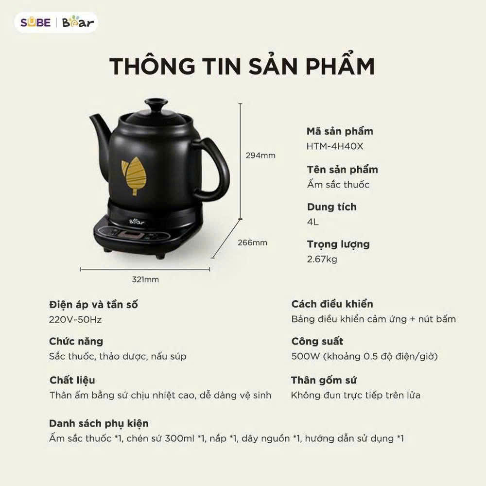 Ấm Sắc Thuốc Bear 4L HTM-4H40X - Màu Đen
