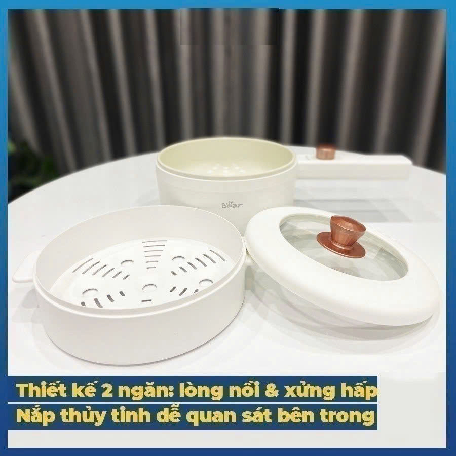 Nồi Lẩu Điện Đa Năng Hầm Cháo, Nấu Mì, Nồi Lẩu Mini Đa Năng, Chiên Rán, Quánh Nấu Cháo 1.6L Bear DRG-P16M2
