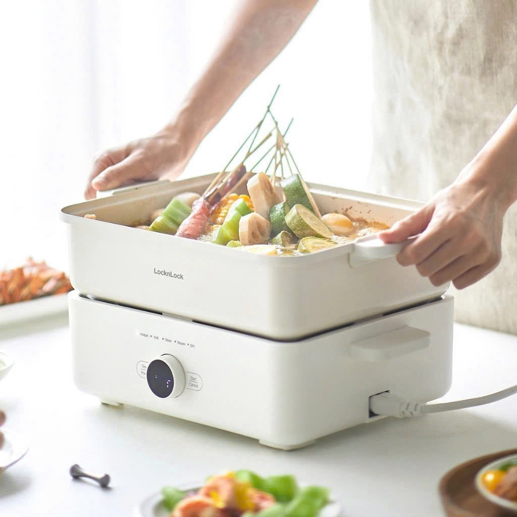 Nồi Lẩu Điện Kèm Khay Hấp LocknLock Bianco Electric Multicooker 4.5L EJP154IVY