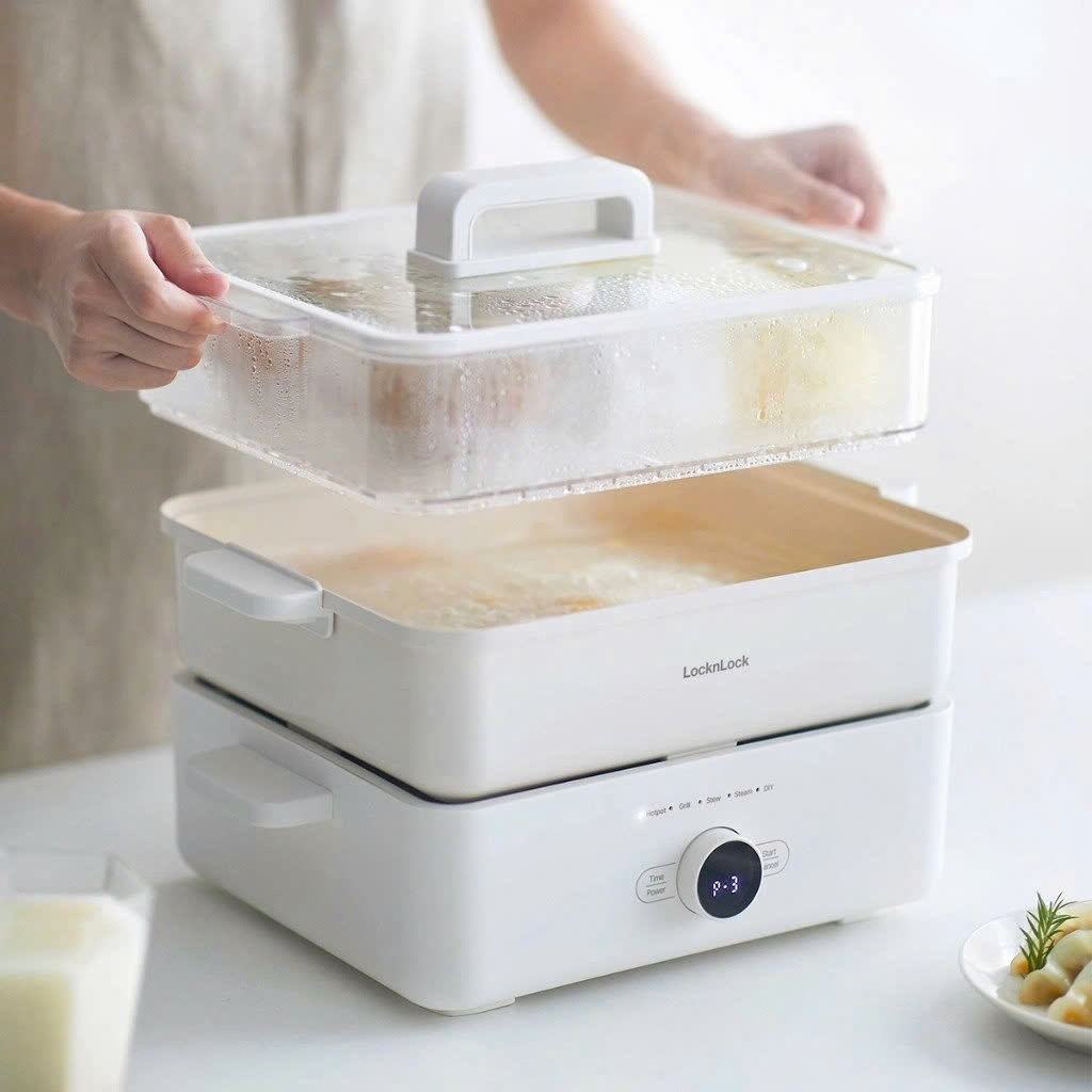 Nồi Lẩu Điện Kèm Khay Hấp LocknLock Bianco Electric Multicooker 4.5L EJP154IVY