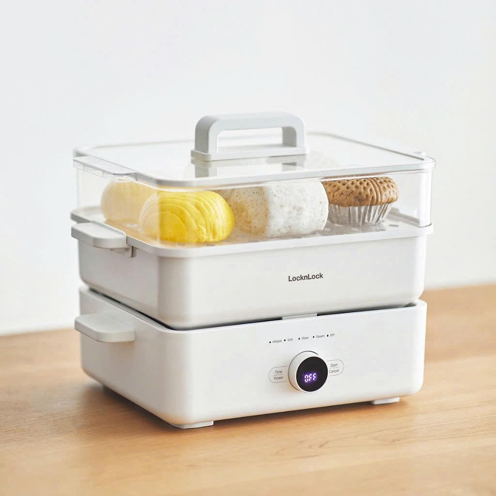 Nồi Lẩu Điện Kèm Khay Hấp LocknLock Bianco Electric Multicooker 4.5L EJP154IVY