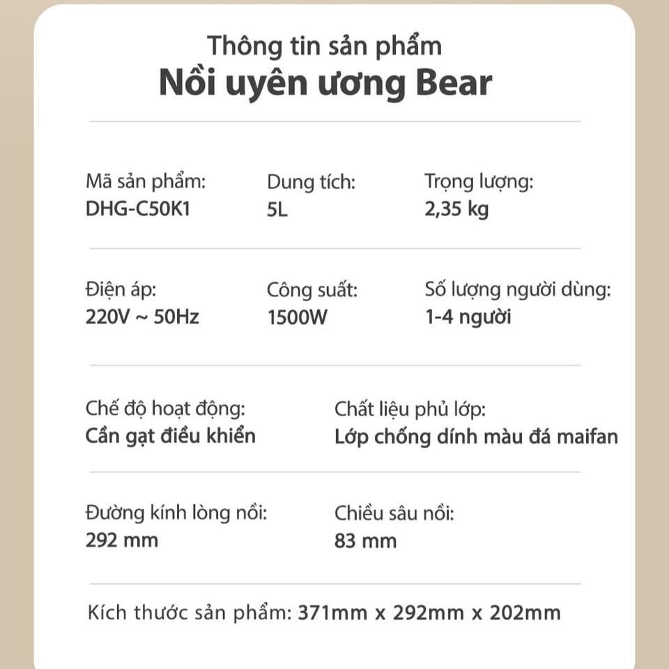 NỒI LẨU ĐIỆN UYÊN ƯƠNG BEAR DHG-C50K1 DUNG TÍCH 5L