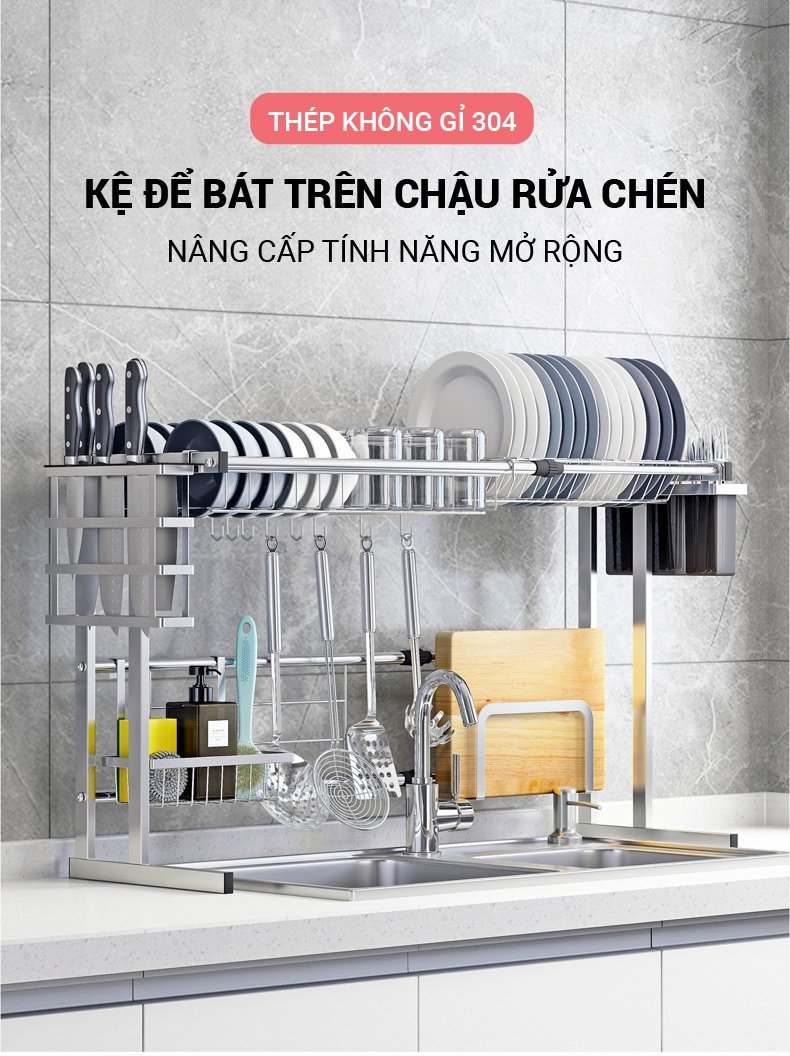 KỆ INOX CAO CẤP ĐA NĂNG KC17 ĐẶT PHÍA TRÊN CHẬU RỬA BÁT