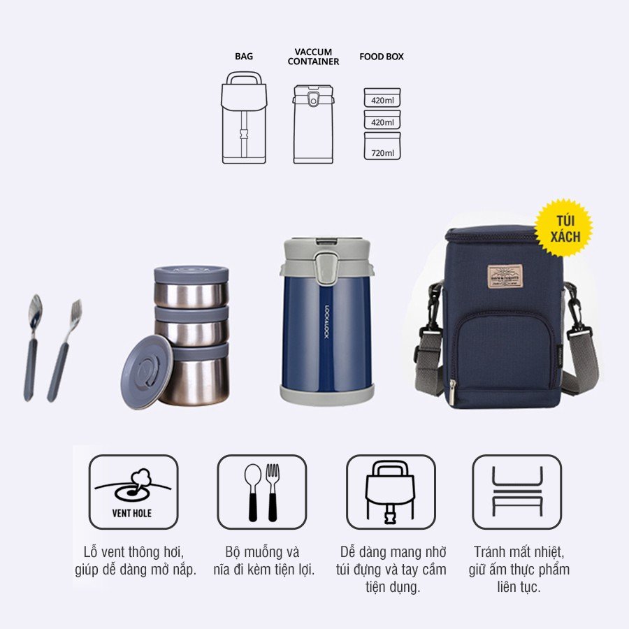 Bộ hộp cơm giữ nhiệt LOCK&LOCK EASY CARRY KÈM TÚI 2.0L LHC8039