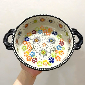 Đĩa nướng decor bằng sứ cao cấp - tròn 2 quai cầm